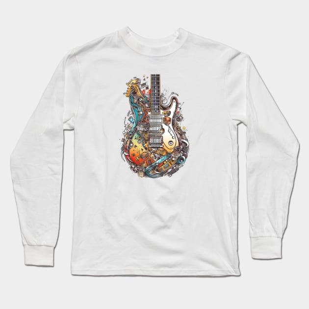 Mechanical Colorful Electric Guitar Long Sleeve T-Shirt by Artifyio